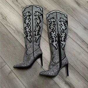 Black & Silver Embellished Knee-High Stiletto Boots